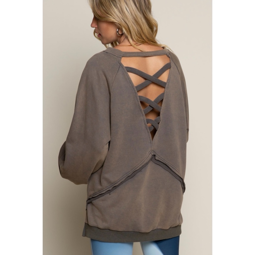 POL Vintage Charcoal Criss Cross Back Slouchy French Terry Pullover - Picture 5 of 13